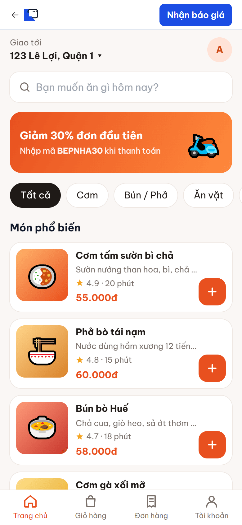 App đặt món / Giao đồ ăn — mẫu app do lamweb thiết kế